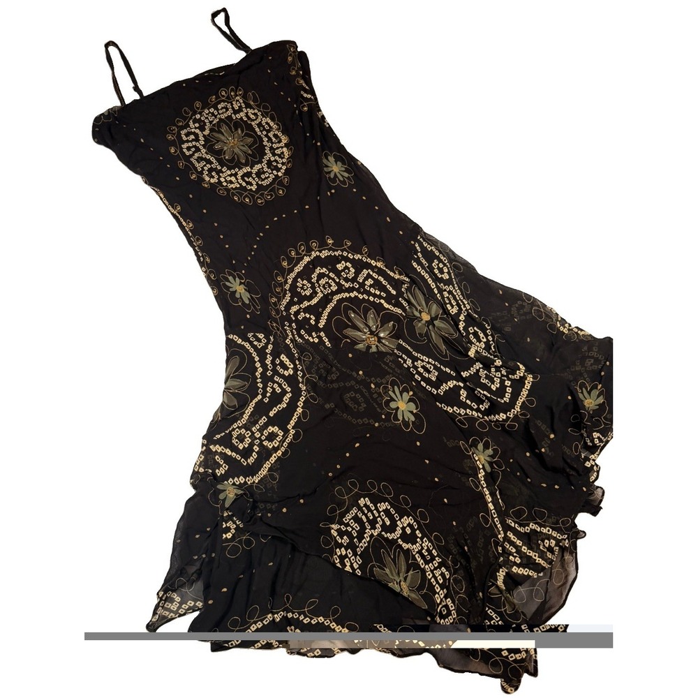 Eva Blue Vintage Y2K Black Gold Beaded Cami Slip Dress Size 16 Boho Fairy Grunge